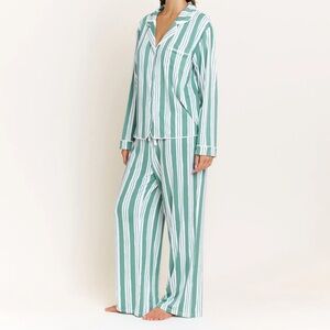 🟤NWT HONEYDEW Quiet Night Long PJ Set in Jade Mist Cream Stripe 1X/2X